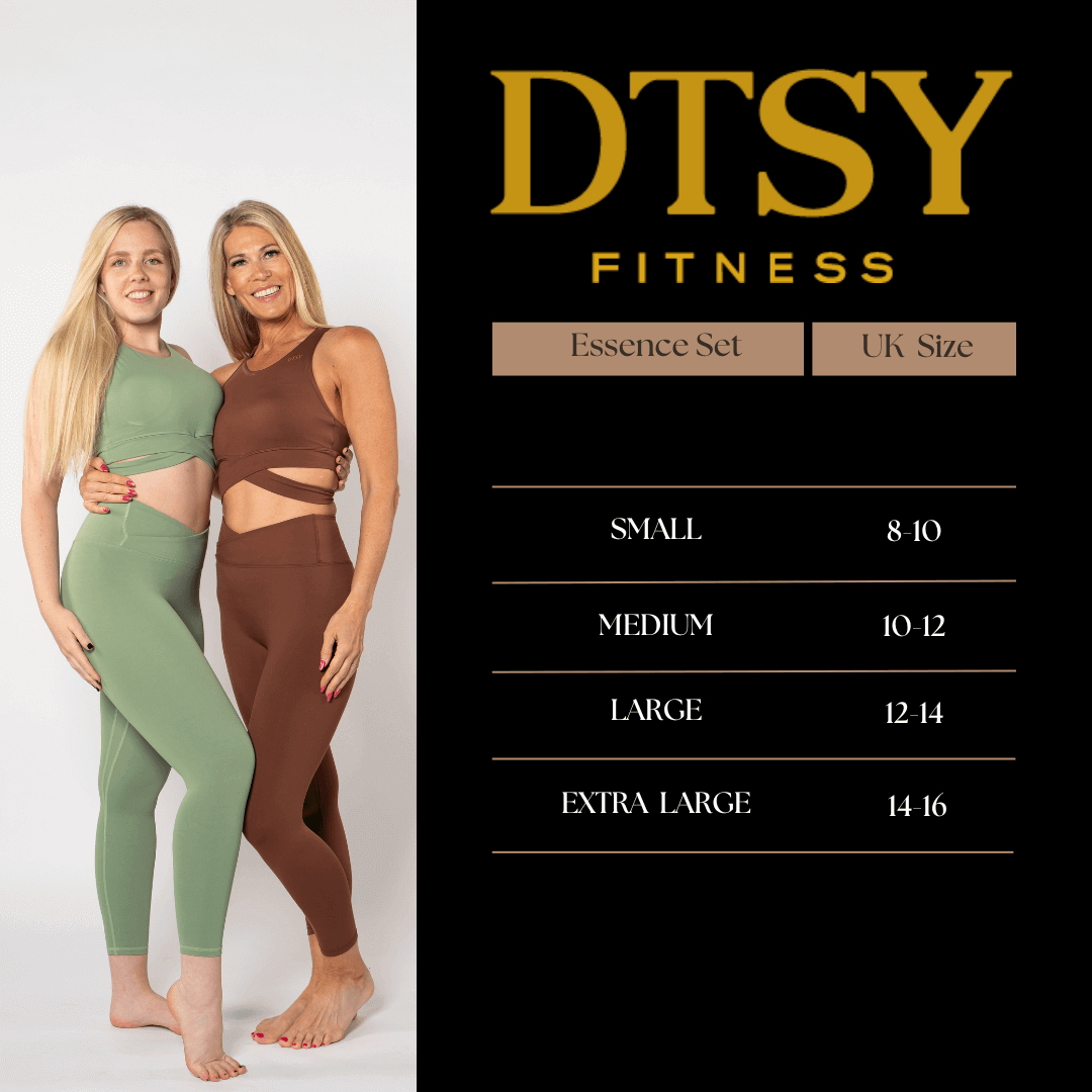 Sizing chart graphic and imagery for essence leggings & bra top