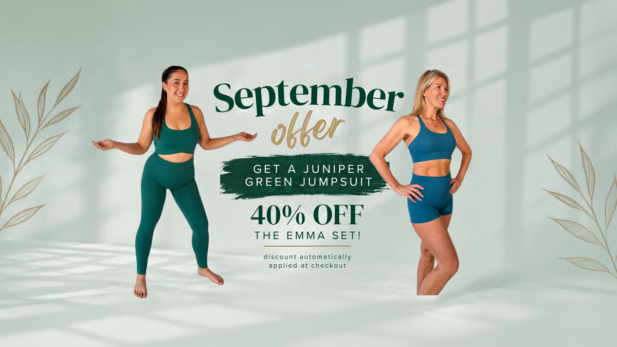 Promotional banner for a September offer featuring two women modeling green athletic wear. The left woman wears a green jumpsuit, and the right woman wears a matching green sports bra and shorts set.