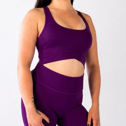 Close up of the Purple Luna Jumpsuit, showcasing the stylish cutout design, perfect for Pole Aerial & Activewear.